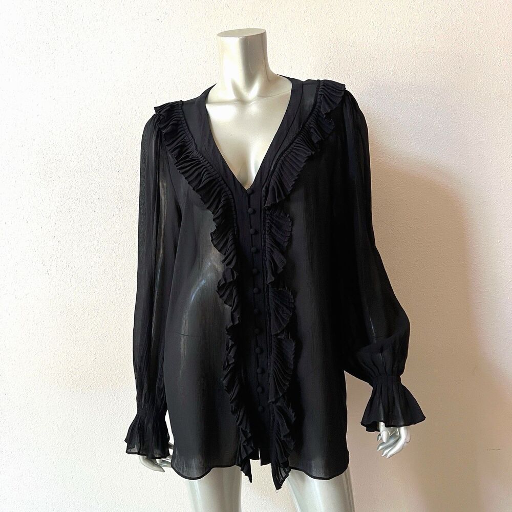 FRAME Black Silk Ruffle Blouse L Tunic Top Romantic Goth Victorian Bishop Sleeve
